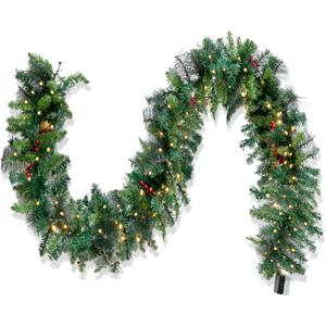 JOYIN 9 Ft Pre-Lit Christmas Garland with 100 Count Warm White Lights & Red Berries, Artificial Garland for Christmas Holiday Season Outdoor Indoor Decorations, Xmas Collection (Battery Powered)
