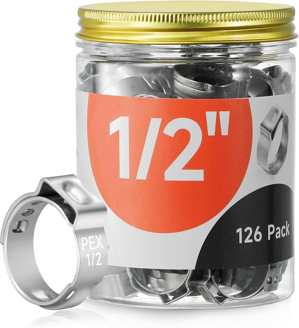 126pcs 1/2 inch PEX Cinch Clamps Rings, 304 Stainless Steel Single Ear Hose Clamps, Pex Crimp Rings for PEX Tubing Pipe Fitting Connections