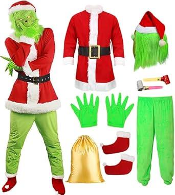 Christmas Green Furry Monster Santa Costume for Men 8 PCS Deluxe Adult Santa Suit Xmas Holiday Outfit Set Include Mask 
