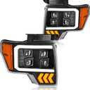 for 2009-2014 Ford F150 Headlights w/LED DRL Projector High Low Beam Left & Passenger Side Replacement Black Housing Amber Reflector