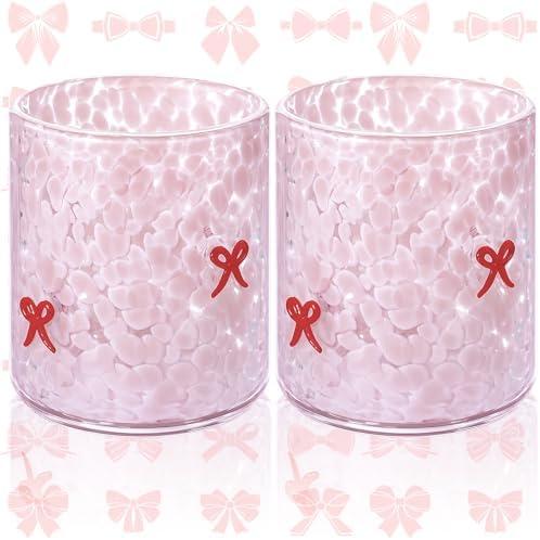 Ovveroche 2 Pcs Pink Bow Icon Juice Glass 14 oz Bow Reusable Stemless Icon Drinking Glasses Cups for Birthday Wedding Party Supplies Gift