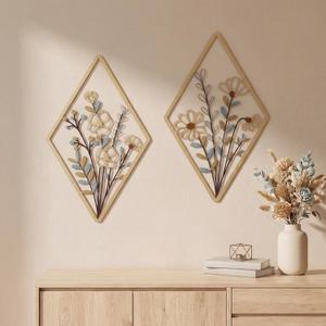 PullCrease 2 Pcs Metal Wall Art, Metal Flower Wall Decor, Modern Floral Art for Living Room, Bedroom, Bathroom, Rustic Farmhouse Decor, Sculpture Kitchen Decoration (Boho)