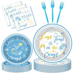 Beach Bachelorette Party Decorations - 96 Pcs Last Toast on The Coast Tableware Set, Disposable Blue Bachelorette Paper Plates Napkins Forks, Bridal Shower Decor Supplies, Serves 24 Guests