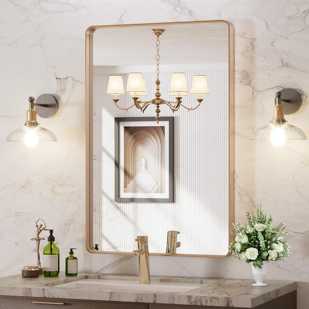 LOAAO 24X36 Gold Bathroom Mirror, Rounded Rectangle Gold Frame Mirror, Brushed Gold Bathroom Vanity Mirror Wall-Mounted, Anti-Rust, Hangs Horizontally or Vertically