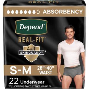 Depend Real Fit Adult Diapers, Incontinence Underwear for Men, Disposable, Maximum Absorbency, Small/Medium, Grey, 22 Count, Packaging May Vary