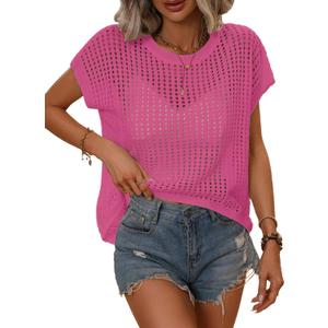 Crochet Tops for Women Spring Summer Shirts Cute Mesh Top Cap Sleeve Cover Up Pullover Sweater Beach Vacation Clothes (Pink, S)