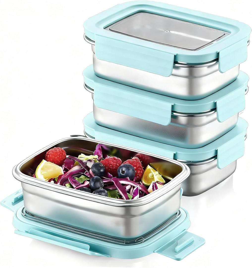 BEFOY 3PCS Stainless Steel Food Storage Container with Lids Leak Proof & Airtight for Kitchen Meal Prep freezer Rectangular,Reusable & Stackable Freezer Fridge Oven Dishwasher Safe (650 * 4Blue)