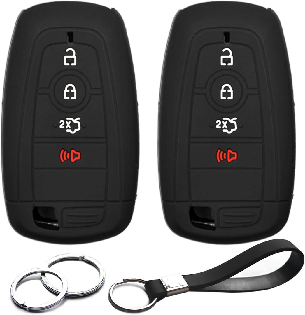 2pcs Compatible with Ford Mustang Edge Expedition Explorer F-150 Lightning Ranger Bronco Escape Maverick Transit Connect Fusion Smart 4 Buttons Key Fob Cover Case Key Chain Protector Holder (Black)