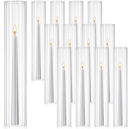 Kritkin 12 Pcs Hurricane Glass Candle Holders 2.5 x 14 Open Ended Tube Ribbed Shade Bottomless Chimney Cylinder Taper Candle Cover for Wedding Anniversary Table Centerpiece