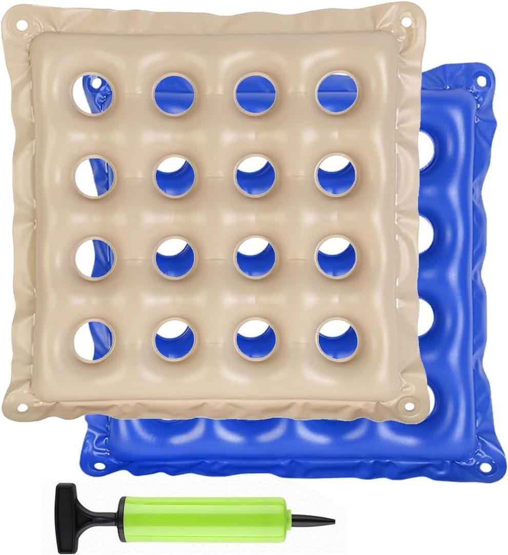 Waffle Cushion 2 Pack - Inflatable Air Cushion with Pump - Pressure Sore Relief - Cream and Blue 17x17 Inch