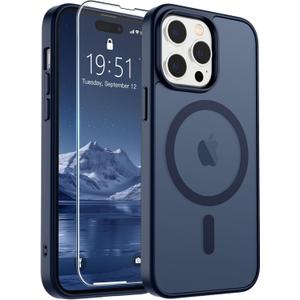 SUPFINE Magnetic for iPhone 14 Pro Max Case with Screen Protector (Compatible with MagSafe) (Military Grade Drop Protection) Translucent Matte Shockproof Phone Cover, Dark Blue