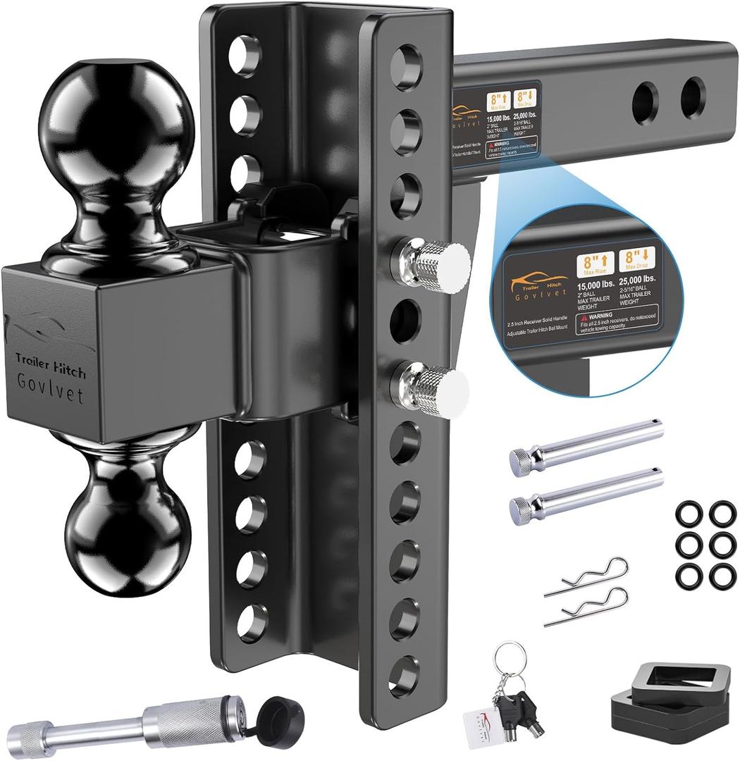 Adjustable Trailer Hitch -Drop Hitch (Fits 2.5-Inch Receiver) -Heavy Duty Tow Hitch with 8-Inch Drop/Rise, 2" & 2-5/16" Ball Hitches for Truck (25,000 LBS GTW) -w/Anti-Theft Hitch Locking Pins