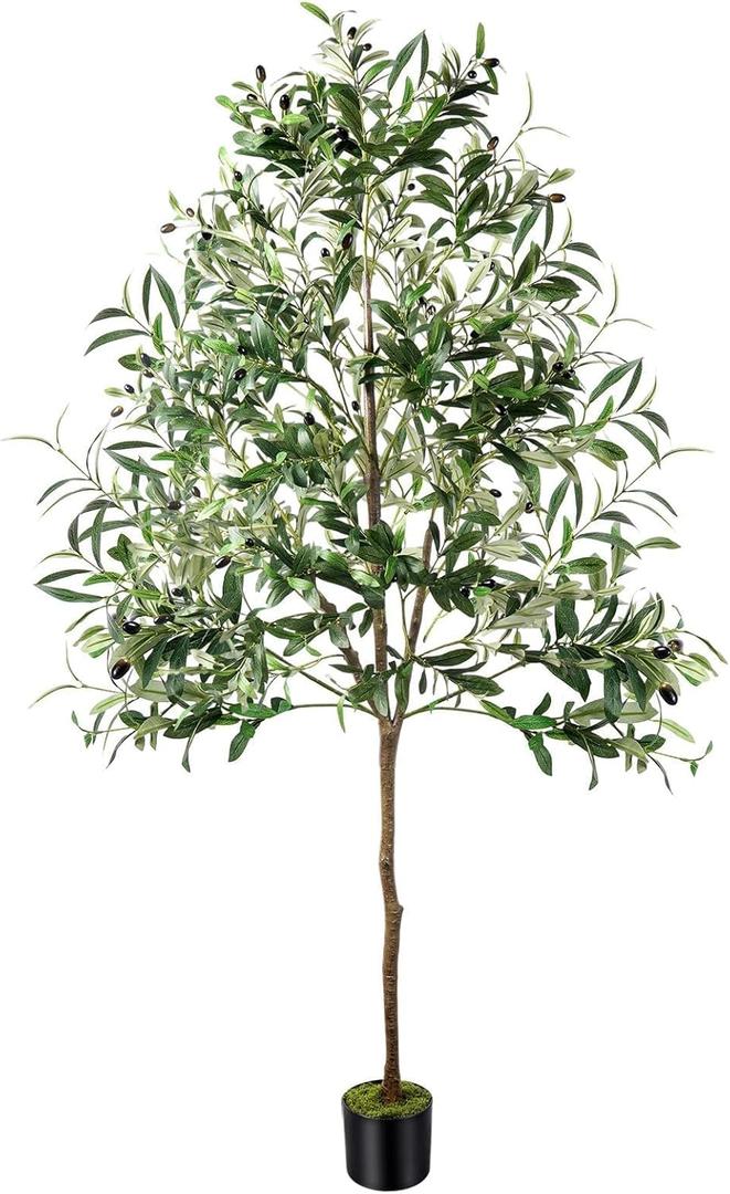 Olive Trees Artificial Indoor, 6FT Faux Olive Tree with Black Planter, Tall Fake Tree with Artificial Moss Natural Trunk Realistic Fruits for Home Office Decor Indoor
