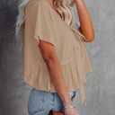 Fanway&EC Women's Short Sleeve V Neck Blouses Ruffle Hem Tie Front Crop Tops Lightweight Basic Summer Tops (Apricot, L)