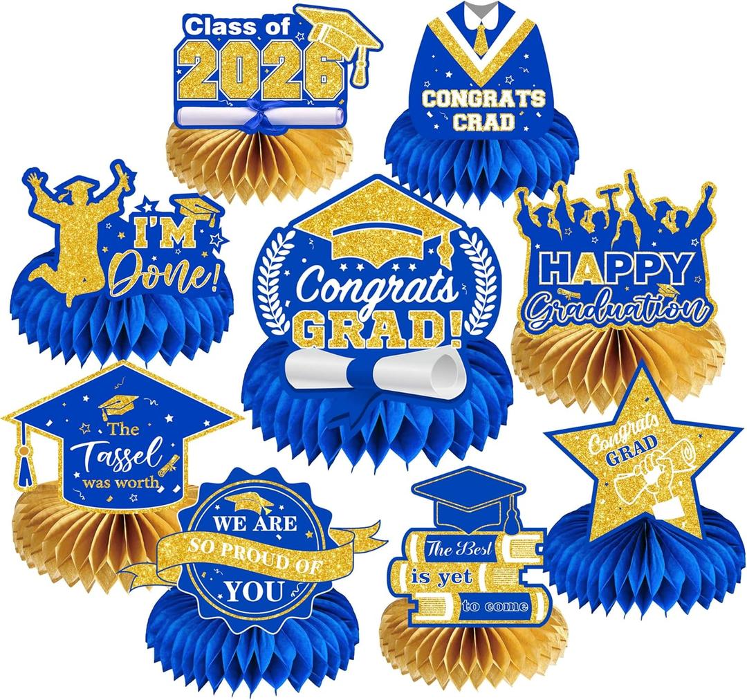 9Pcs Graduation Decorations Class of 2026 - Blue and Gold Congrats Grad Honeycomb Centerpieces, Graduation Table Toppers for 2026 College High School Graduation Party Supplies Decorations