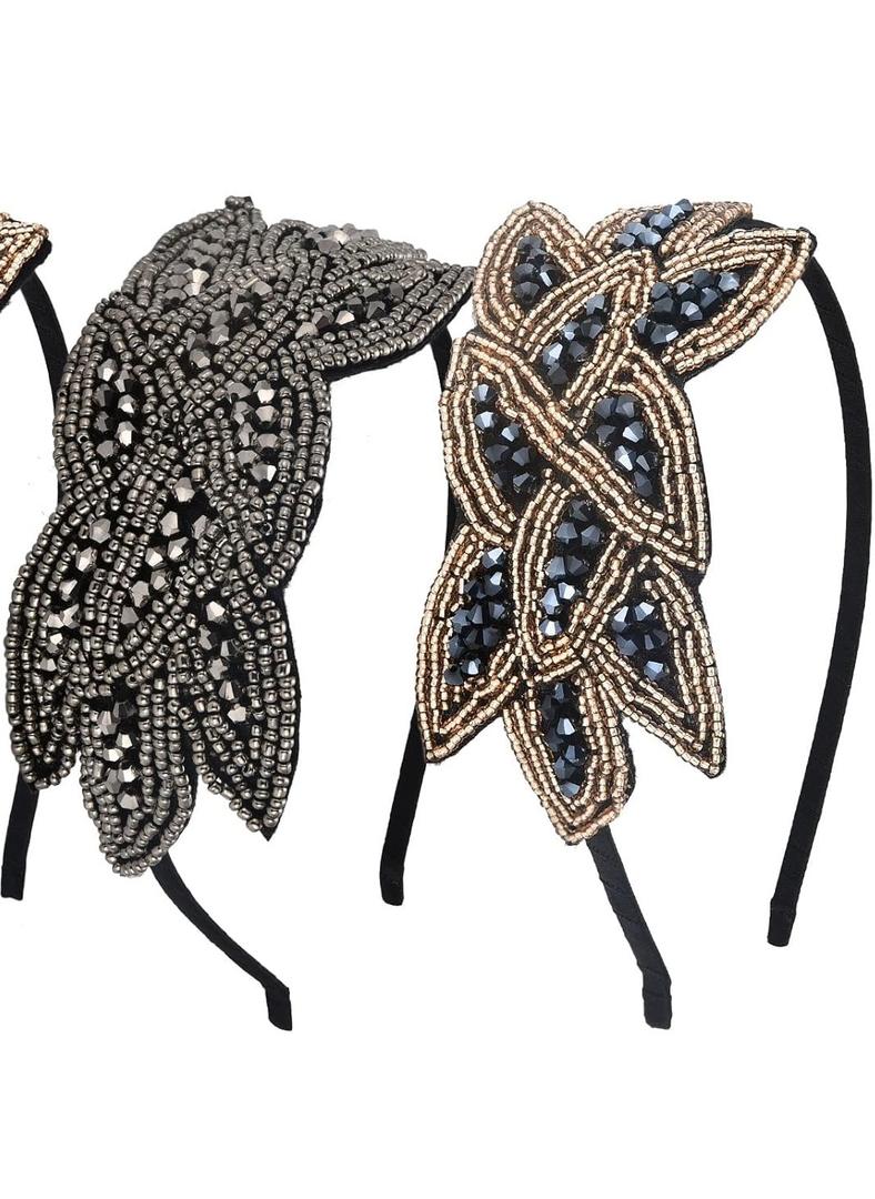 Tatuo 2 Pieces 1920s Flapper Headbands for Women 20s Vintage Headpiece Rhinestone Beaded Leaf Hairband Hair Accessory
