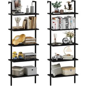 aboxoo Ladder Shelf 2PCS Open Bookshelf 5-Tier Wood Wall-Mounted Black Bookcase Storage Rack Open Industrial Modern Plant Stand Utility Organizer Bookcase Metal Frame Furniture Office Kitchen Bedroom