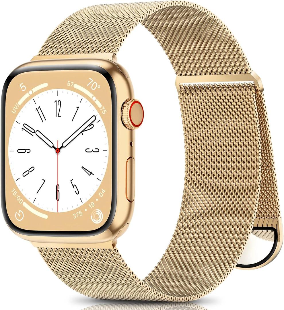 Metal Band Compatible with Apple Watch Bands 38mm 40mm 41mm 42mm 46mm 44mm 45mm 49mm Women Men,Adjustable Magnetic Stainless Steel Mesh Strap for iWatch Ultra/Ultra 2,Series 10 9 8 7 6 5 4 3 2 1 SE (Golden)