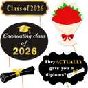 Graduation Photo Booth Props (50Count), Konsait Large Graduation Photo Props Class of 2026 Grad Decor with Sticks for Kids Boy Girl, Black and Gold, for Graduation Party Favors Supplies Decorations