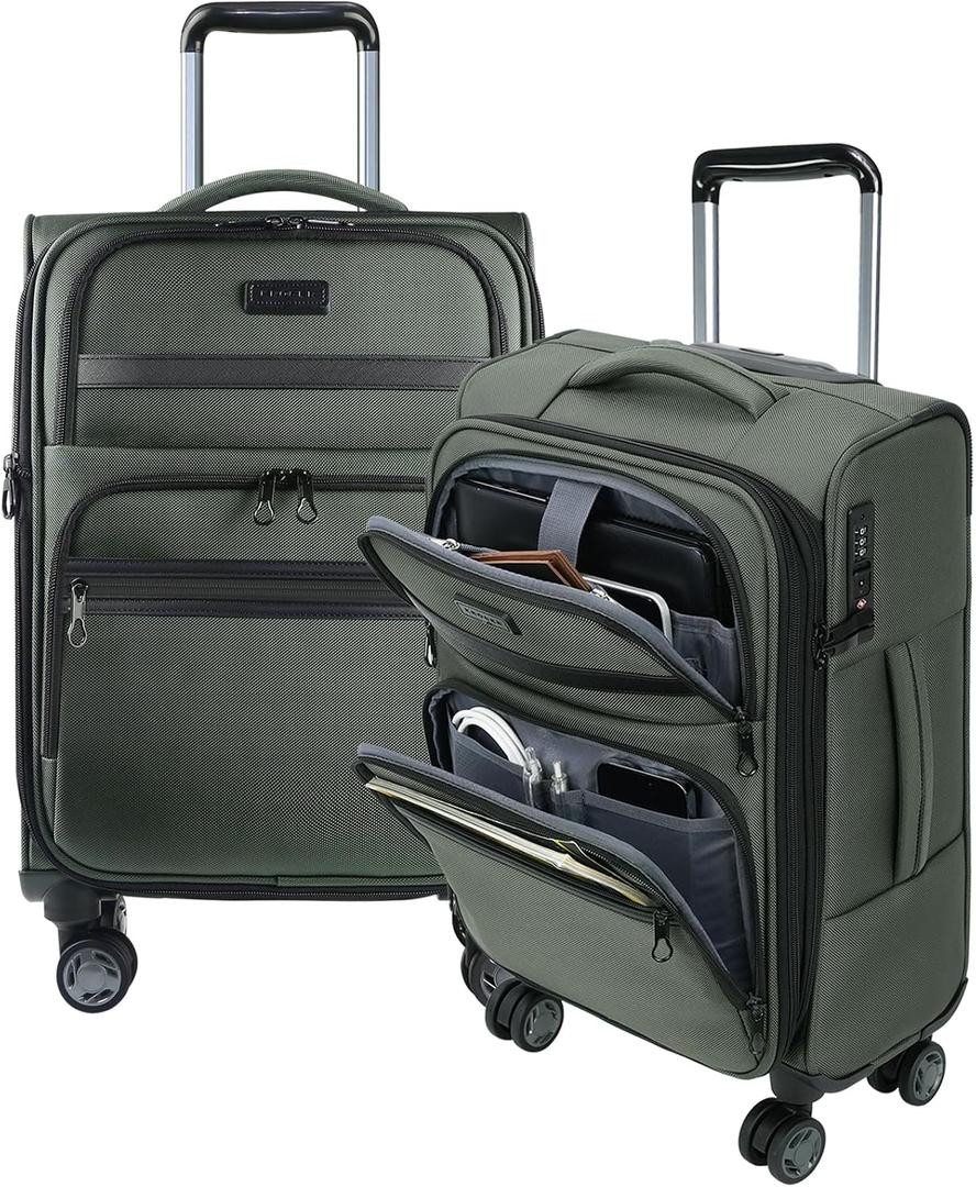 KROSER Softside Expandable Carry On Luggage with Front Business Pockets20 Inch Suitcases with Spinner Wheels & Built-in TSA Lock, Durable Suitcase Rolling Luggage with USB Port, Army Green