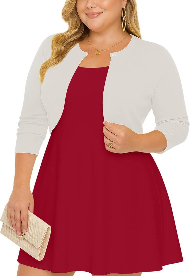 AusLook Plus Size Women Shrug Long Sleeve Lightweight Open Front Knit Cropped Bolero Cardigan Sweater 1X-5X (2X, A08-white)