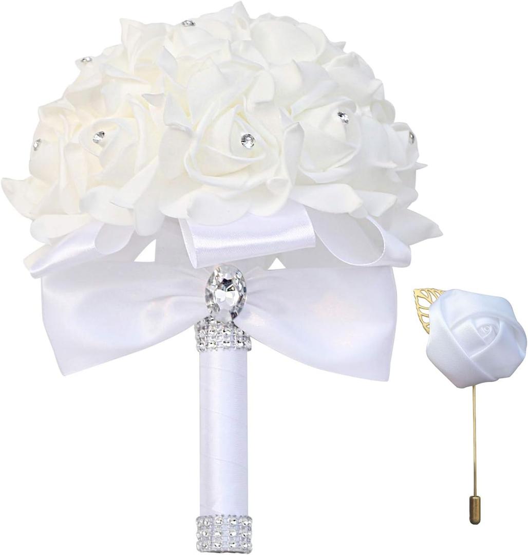 Wedding Bouquet - Artificial Roses with Crystal Diamond Soft Ribbons, Bridal Flowers for Bride & Bridesmaids, Hand Toss Bouquet (White)