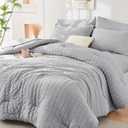 HYMOKEGE Light Grey Queen Comforter Set Seersucker 7 Pieces, All Season Luxury Bed in a Bag for Bedroom, Bedding Set with Comforters, Sheets, Pillowcases & Shams