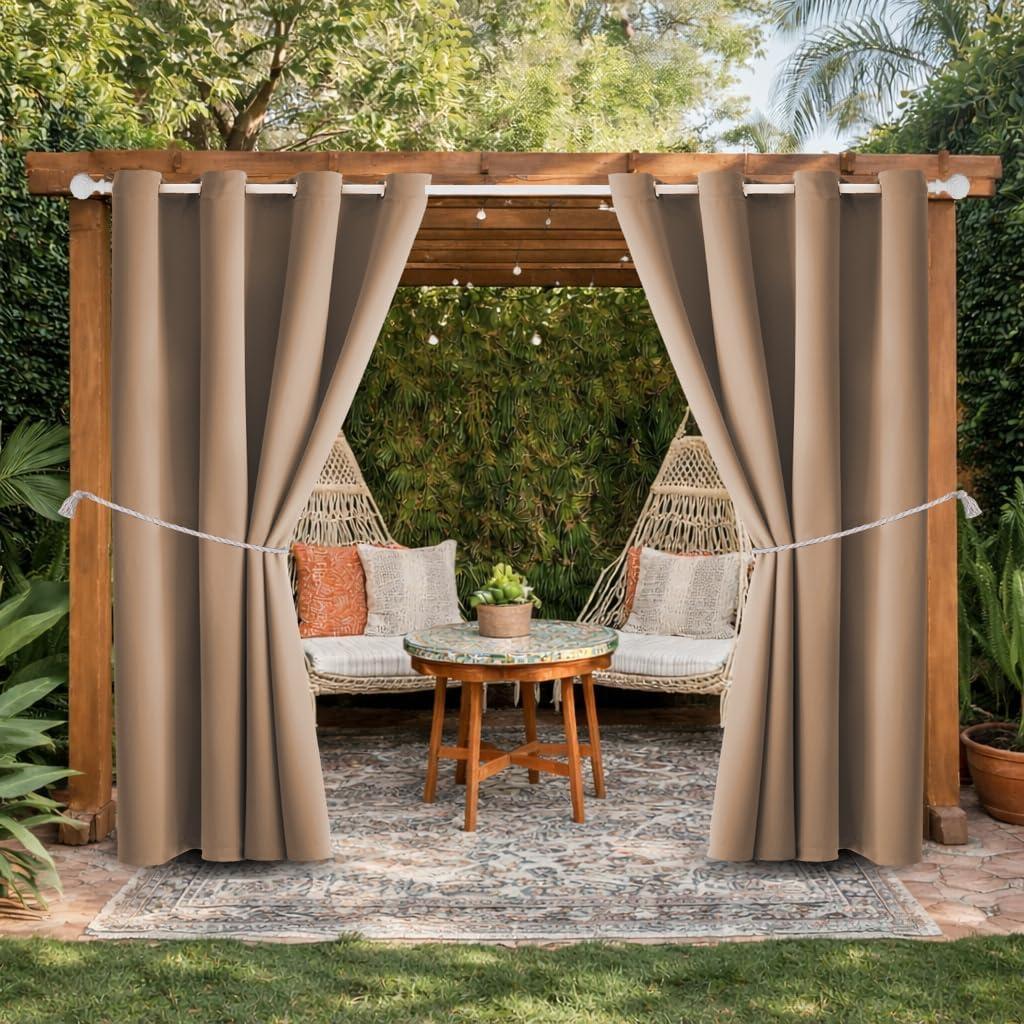 Waterproof Outdoor Curtain W52 x L84 - Grommet Top Sunlight Blocking Window Treatment Drapes Blackout Curtains for Home Bedroom Living Room Outdoor Patio Porch Pergola (Camel Brown, 2 Panels)