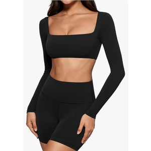Womens Square Neck Long Sleeve Crop Top Workout Athletic Yoga Basic Tee Bandeau Fitted T-Shirt with Built in Bra (XS, Black)