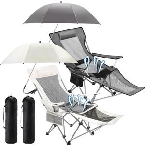 2 Set Reclining Beach Chair and Umbrella for Adults, Outdoor Camping Foldable Sand Chairs with Umbrella, SPF 50+, High Back, with Foot Rest, Cup Holder and Mesh Bag (Gray, Beige)