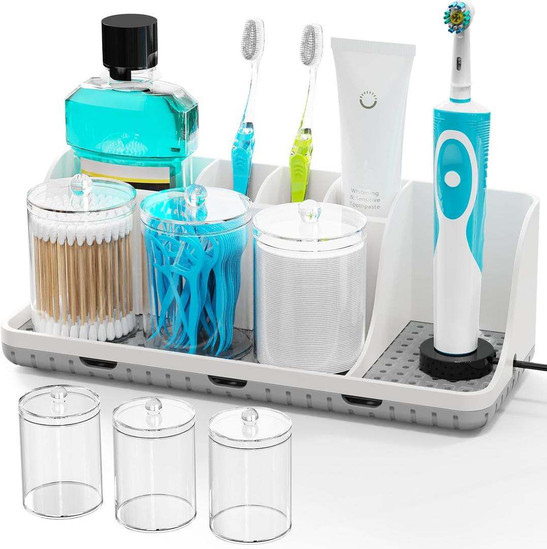 Bathroom Counter Organizers and Storage, Toothbrush Holders for Bathrooms with 3 PCS Qtip Holder, Kids Electric Toothbrush and Toothpaste Holder for Bathroom Vanity Sink Organizer (White)