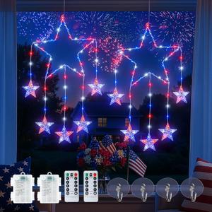 2 Pack 4th of July Window Lights, 12IN 73LED Red White and Blue Star Lights with Timer Memory, Patriotic Star Twinkle Light 8 Modes for Wall, Independence Day ,Memorial, Fourth of July Decor