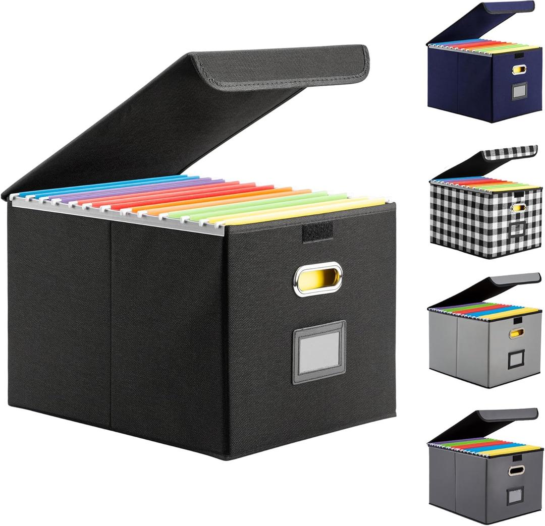 Hleelomi Collapsible File Box with Lid & Plastic Slide - Hanging Document Organizer for Office/Home, 14.96x12.6x10.83 Inch, Decorative Home File Bin, Black, 1 Pack (No Folders Included)