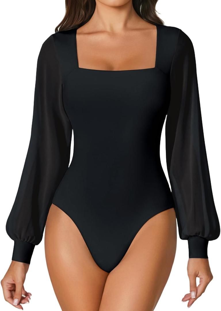 Avidlove Women Puff Long Sleeve Bodysuit Mesh Square Neck Thong Sexy Body Suits Double Lined Leotards, L