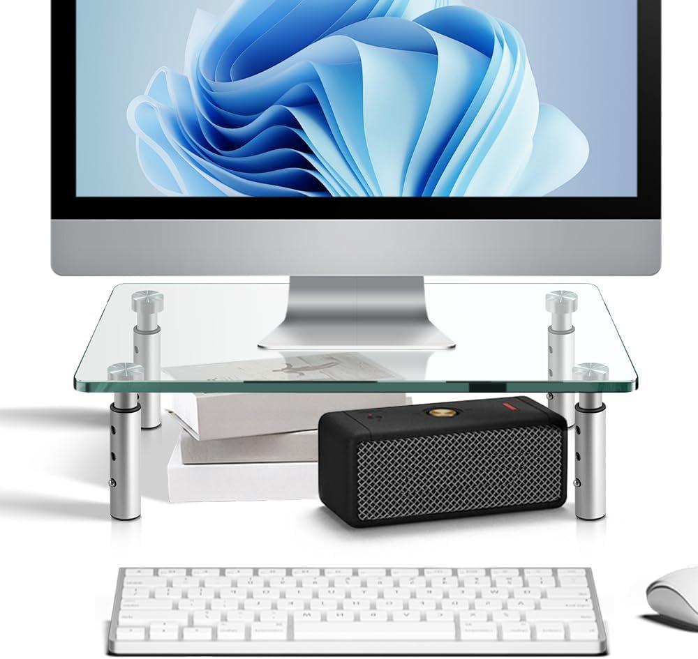 KKTONER GLASS Monitor Stand with Height Adjustable for Home Office 2 Pack Computer Monitor Riser PC Screen Riser for Desk Organzier Laptop