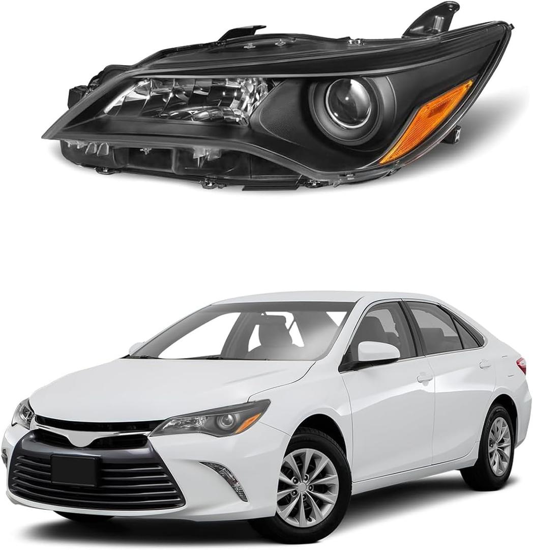 Wildwolf Headlights Assembly Compatible with 2015 2016 2017 LE SE XLE Toyota Camry, Halogen Headlamp Replacement Driver Side, Black Housing Amber Reflector
