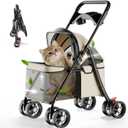 GTPLAYER Foldable Dog Stroller/Cat Stroller for Small Dogs & Cats up to 33 lbs, Pet Stroller with 360° Swivel Lockable Front Wheels, Rear Brakes, Safety Tethers, Breathable Mesh, Cup Holder, Beige