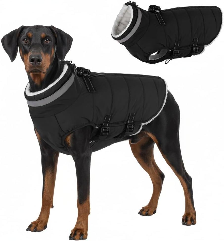 Mklhgty Large Dog Coat with Harness Built-in, Waterproof Reflective Fleece Lined - Warm Windproof Winter Jacket with Back Zipper, Cold Weather Snow Dog Coats - Black - 2XL