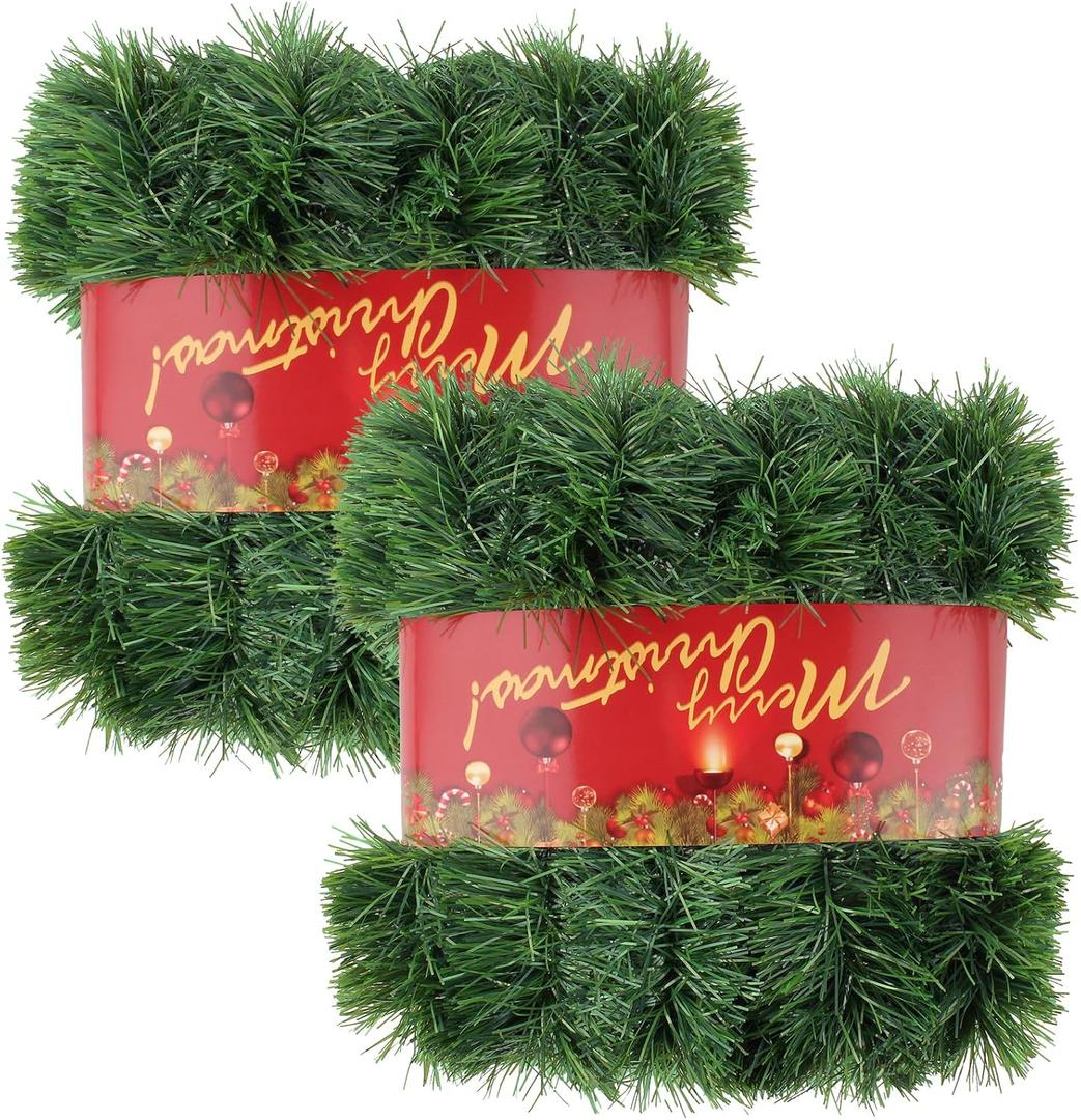 2Pcs 50FT Green Christmas Garland Decorations, Christmas Artificial Pine Greenery Garland Outdoor Indoor Decor, Straight Faux PVC Soft Garland for Stairs Railing Fireplace Window Christmas Decor