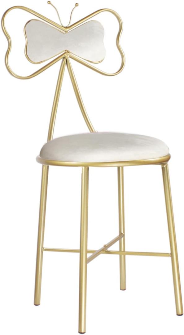 Vanity Stool Chair for Makeup, Modern Velvet Butterfly Accent Chair, White Cute Girls Bow Knot Backrest Chair with Golden Leg for Living Room, Bedroom, Vanity, Office, Reading Nook