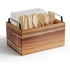 Wooden Silverware Caddy Organizer, Acacia Wooden Silverware Holder, Utensil Holder for Party, Utensil Organizer for Countertop, Wood Color (Small)