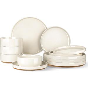 AmorArc Ceramic Dinnerware Set for 4 | Speckled Stoneware Plates and Bowls with unglazed terracotta | Scratch Resistant, Dishwasher & Microwave Safe Dishes Sets- 12-Pcs Beige
