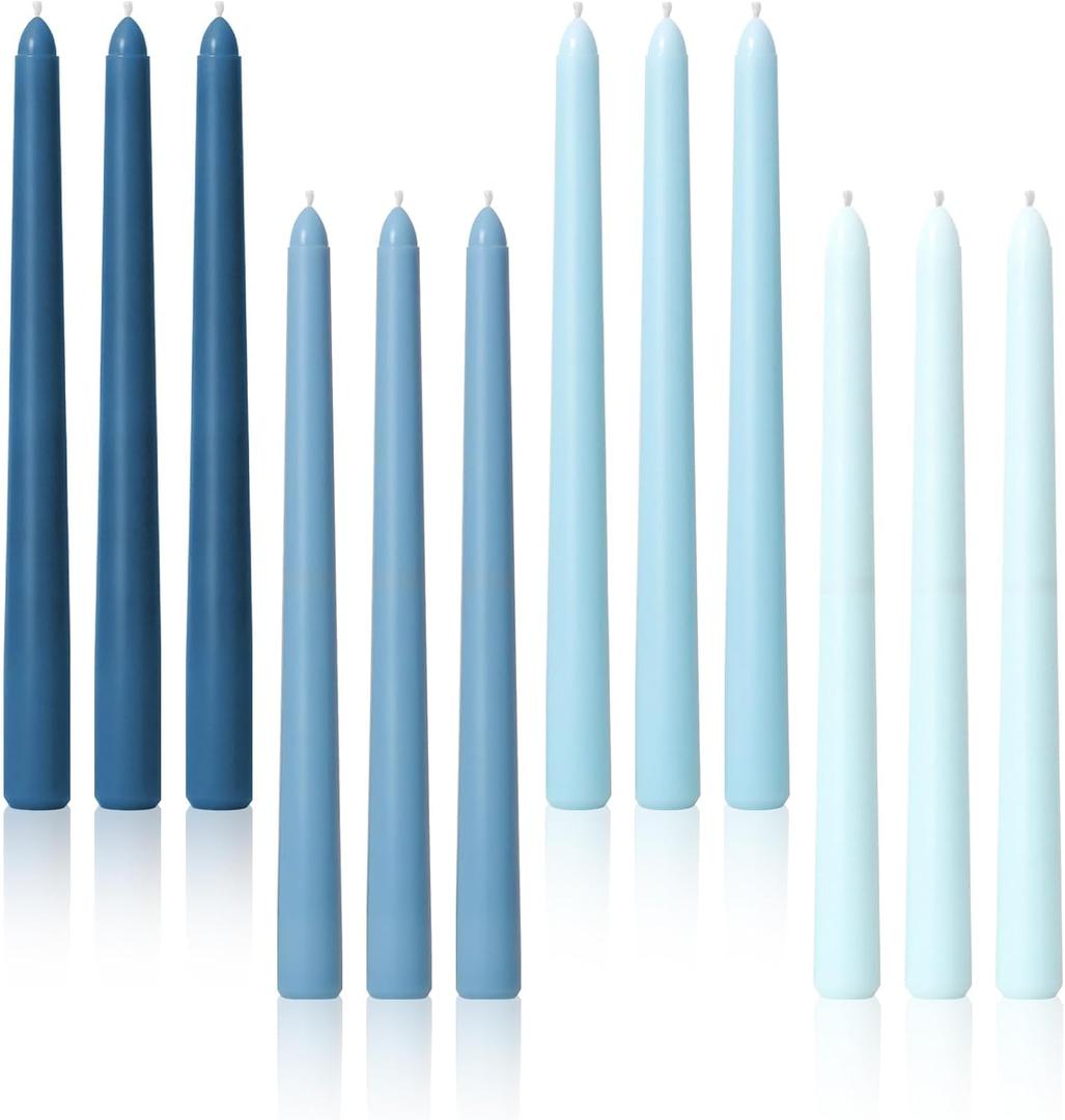 Viyffo 10 Inch Taper Candles, 12 Pack Blue-Unscented, Dripless Design Long Tall Tapered Candlesticks for Wedding, Dinner, Holiday, Party, Home Decor Natural Color Series