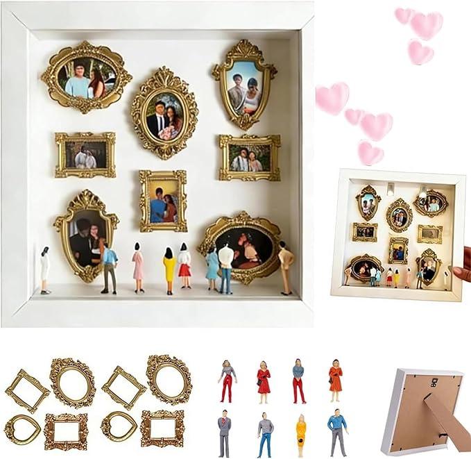 DIY Mini Museum Silhouette Box, Shadow Box Frame Kit with Gold Mini Frames and Figurines, Upgrade Shadow Box Frame Kit, DIY Photo Family Memory Display Case Frame for Anniversary, Wedding, Birthday, 1"L x 1"W x 3"H