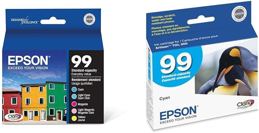 Epson 99 Claria Hi-Definition Ink Standard Capacity 5 Color Cartridge Combo Pack & 99 Claria Hi-Definition Ink Standard Capacity Cyan Cartridge (T099220-S) Works with Artisan-700, 710