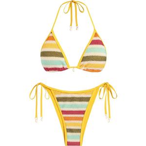 ZAFUL Women's Colorblock Stripes Triangle Halter Tied Cheeky Thong Bikini Set High Cut Two Piece Bathing Suit M