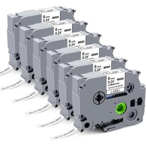 6mm 0.23" Laminated White Tape Replace for Brother Label Maker Tape TZe-211 Compatible with Brother P Touch Label Maker PT-H110 PT-D202 PT-D210, Black on White, 1/4 Inch x 26.2 Feet, 6 Pack