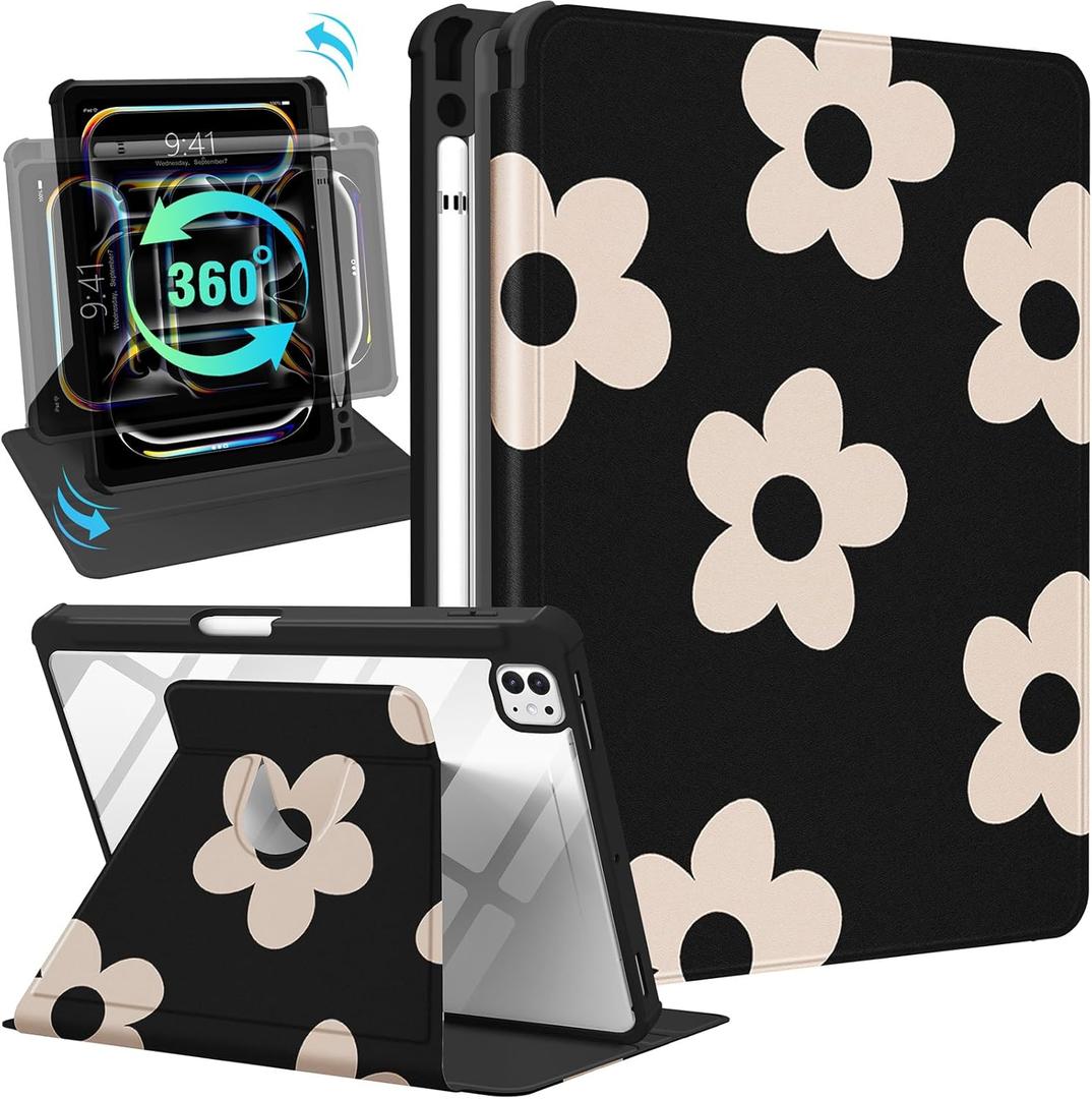 Kidcube for iPad Pro 11 Inch Case M4 2024 5th Generation - for Women Girls Cute Folio Cover with Pencil Holder Girly Kawaii Flower Floral Design Rotating Stand for iPad Pro 11'' Case 2024 M4 5th Gen