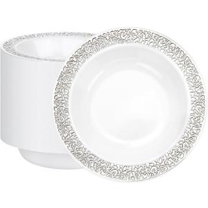 I00000 100 Silver Plastic Bowls, 12 oz Disposable Bowls, Premium Disposable Heavy Duty Plastic Bowl for Birthday, Wedding & Party