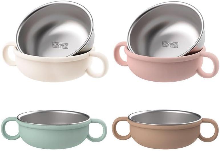 Non-Toxic Stainless Steel Toddler Bowls with Handle Non-Slip Silicone Shell, Mess Free Feeding Bowls for Babies, Children, Kids, Set of 4 (Pink/Caramel/White/Blue)